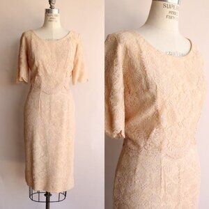 Vintage 1960s Dress, Pink Illusion Lace Fluttery Open Back